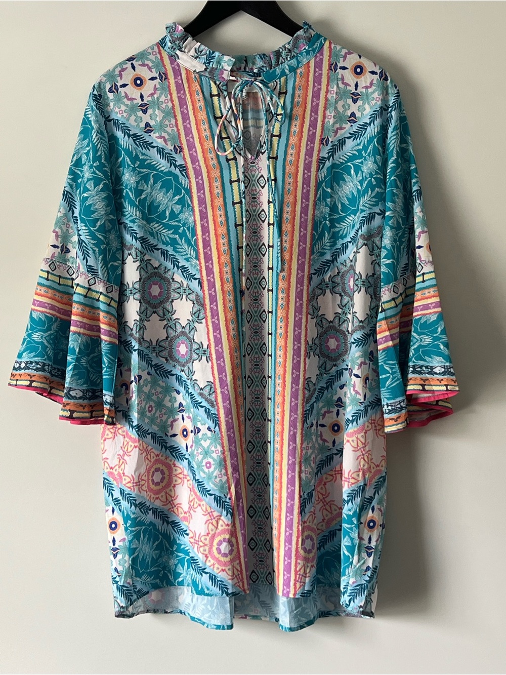 Umgee Teal & Multi-Color Floral Ruffle Tie-Neck Mini Dress - Picture 10 of 11